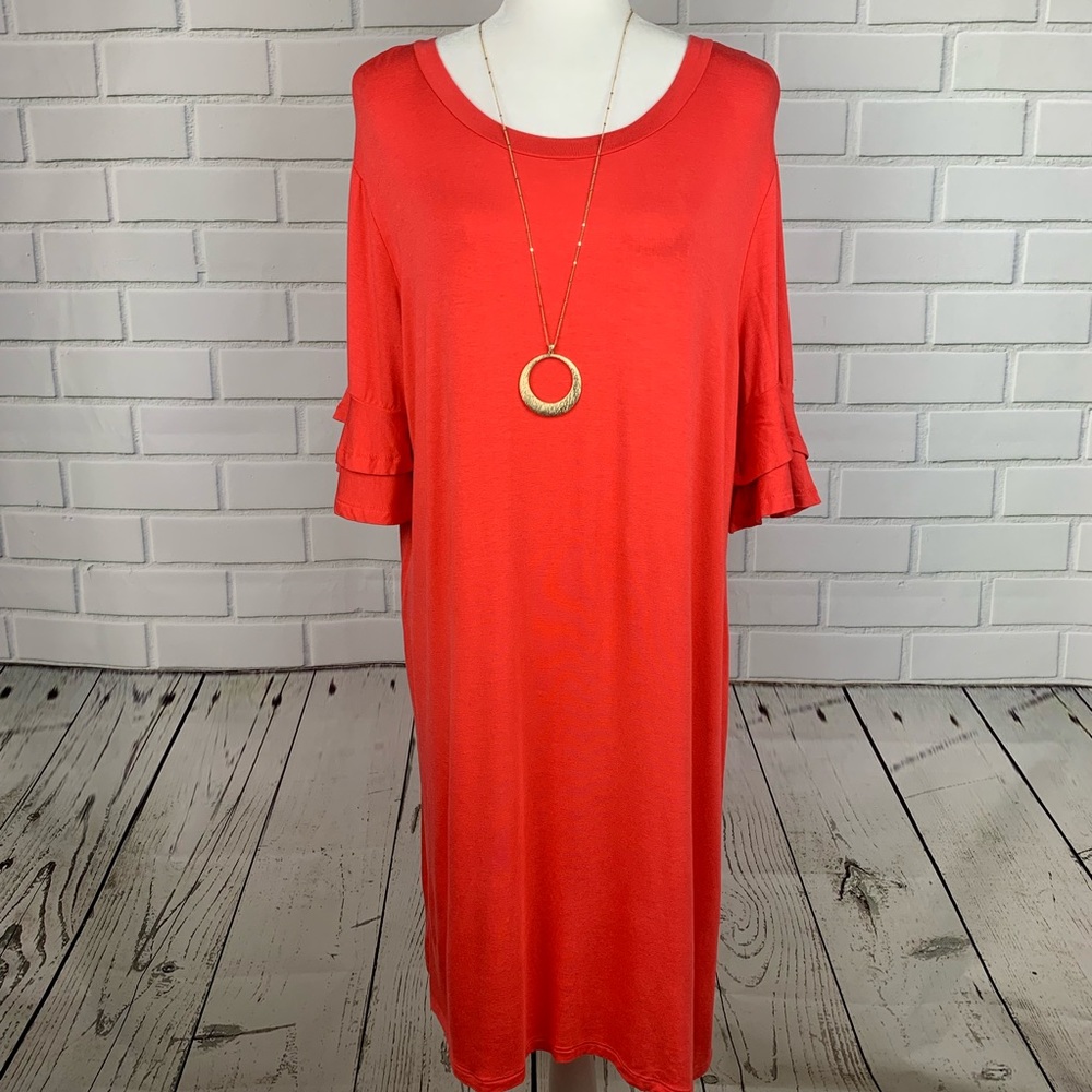 MARY SQUARE Boutique Shift Dress Ruffle Sleeve Coral Large - Picture 1 of 4